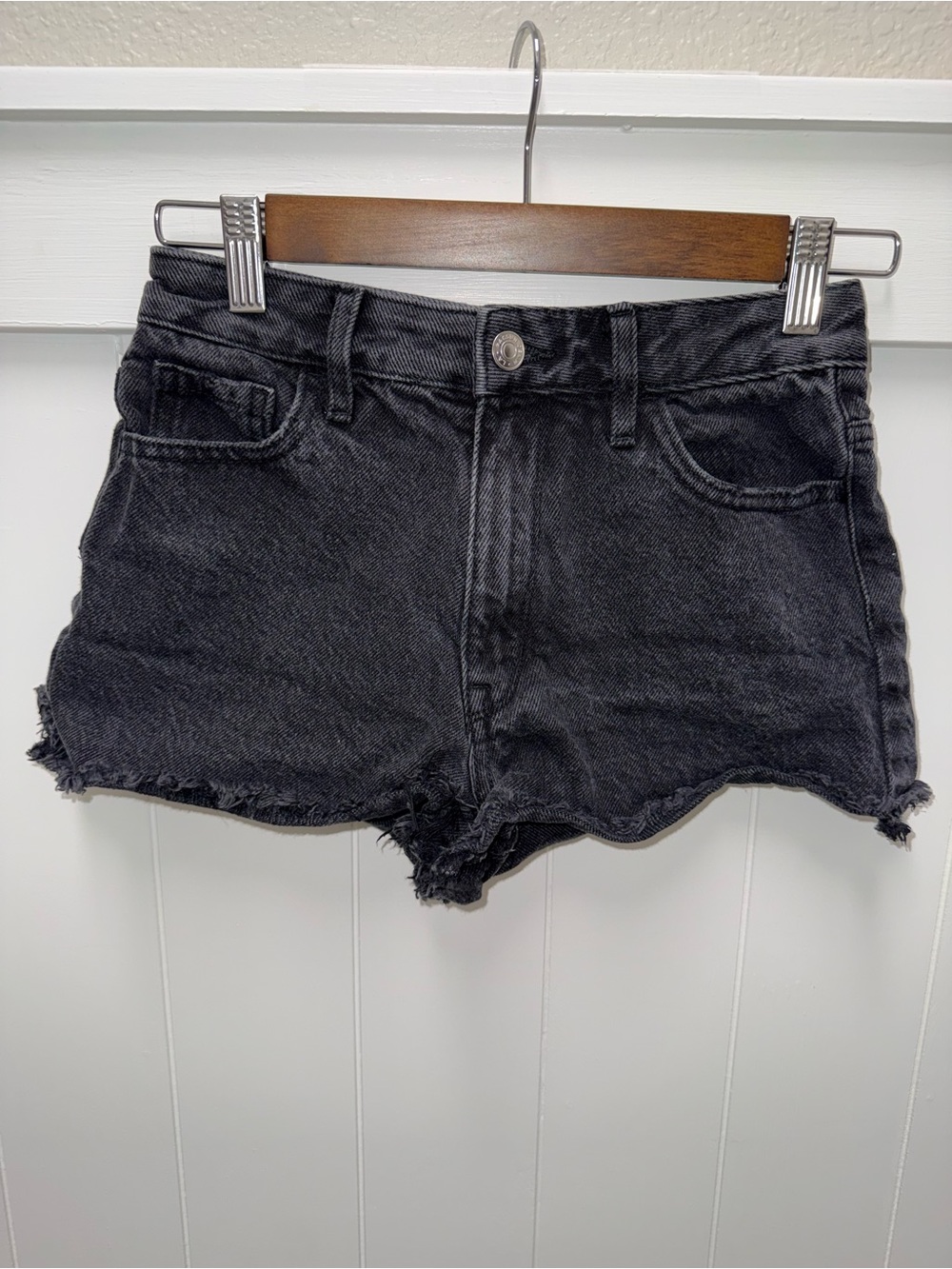 PacSun High Rise Festival Denim Shorts Size 24 Black Gray Distressed Raw Hem